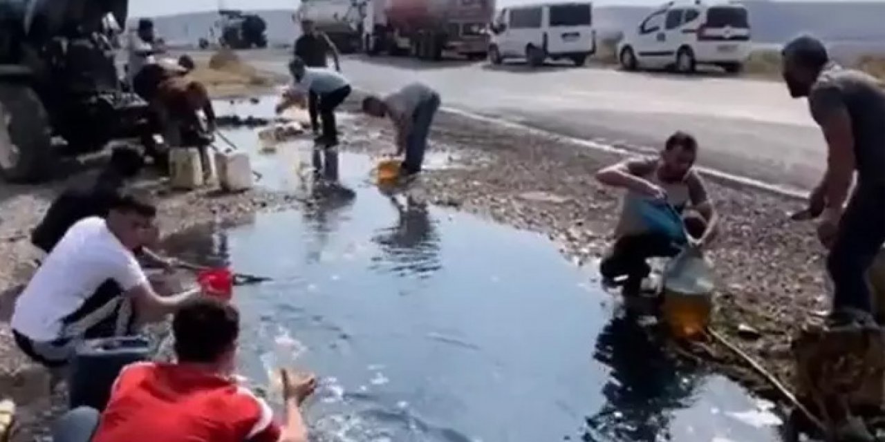 Sosyal medyada olay görüntüler: Dökülen akaryakıtı poşetlere doldurdular