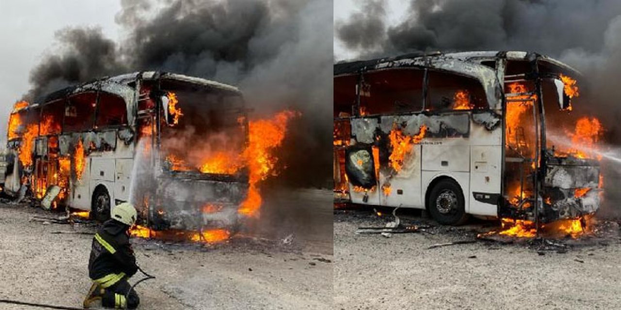 Konya'da yolcu otobüsü alev alev yandı