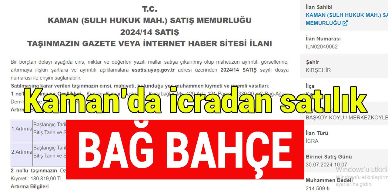 Kaman'dan icradan satılık bağ bahçe