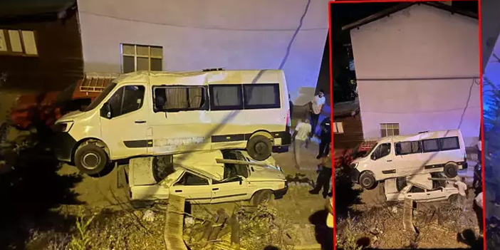Freni tutmayan minibüs otomobilin üzerine düştü