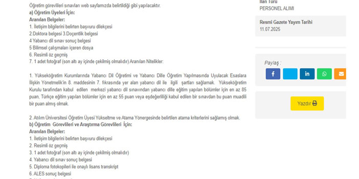 Atılım Üniversitesi çok sayıda akademik personel alacak