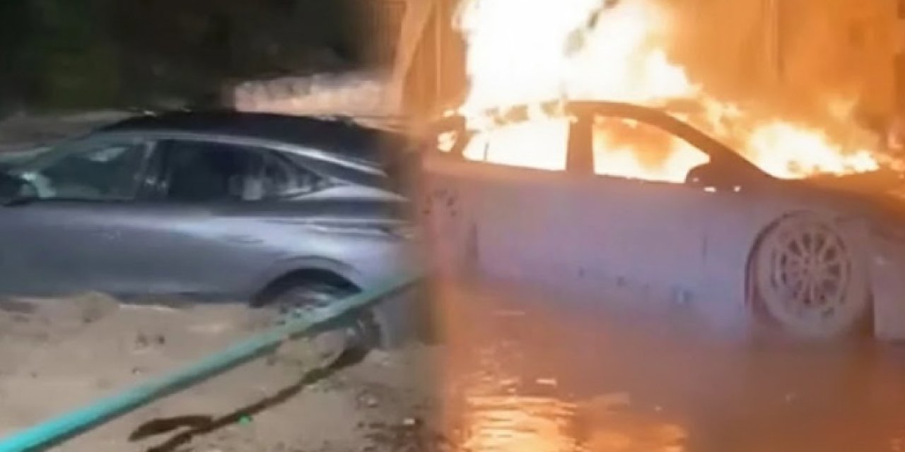 Manisa’da Sağanak Kabusu: Araç Dereye Düştü, Elektrikli Otomobil Alev Aldı