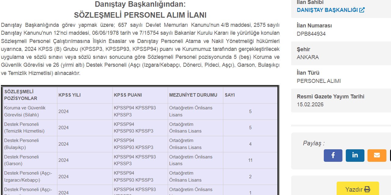 Danıştay’a koruma, kebapçı, garson alınacak