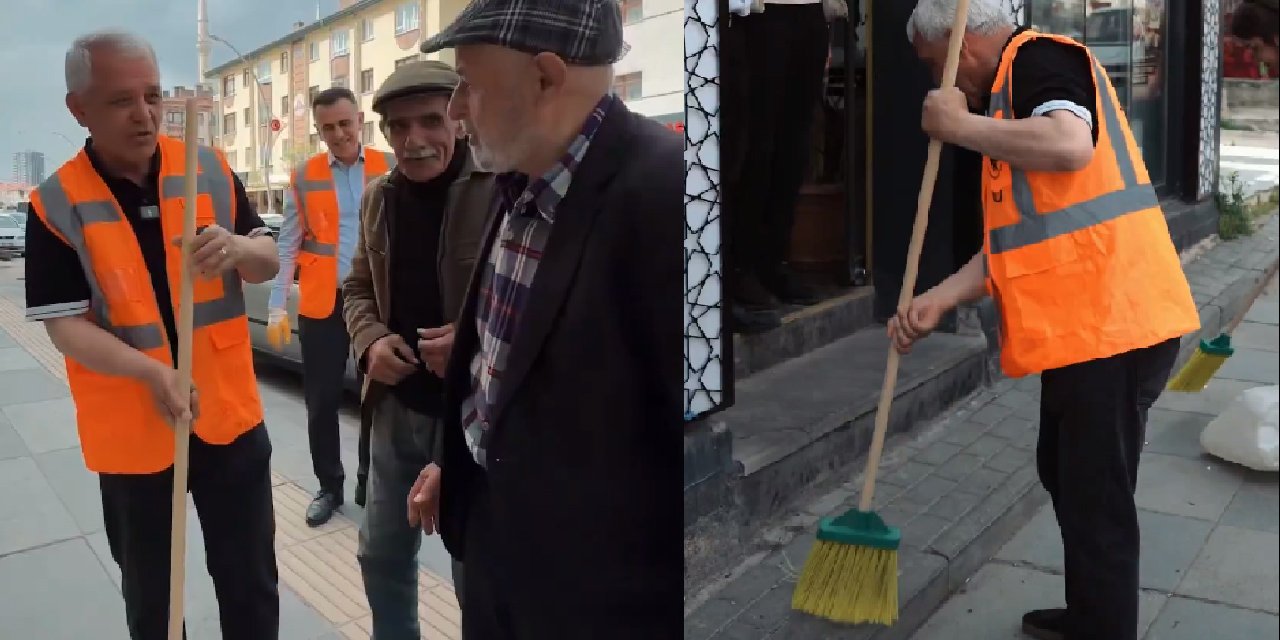 Mamak Belediye Başkanı Şahin, kaldırım ve sokakları süpürdü