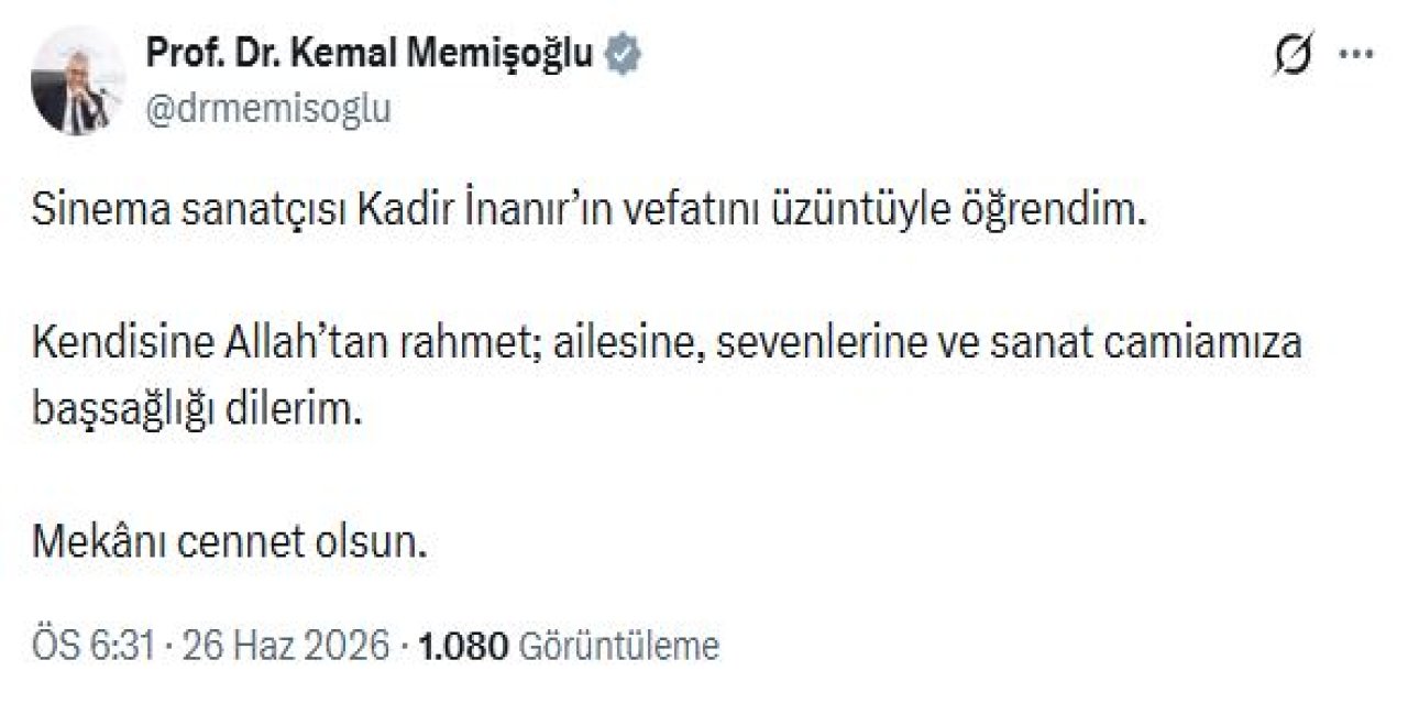 Bakan Memişoğlu'ndan Kadir İnanır için başsağlığı mesajı