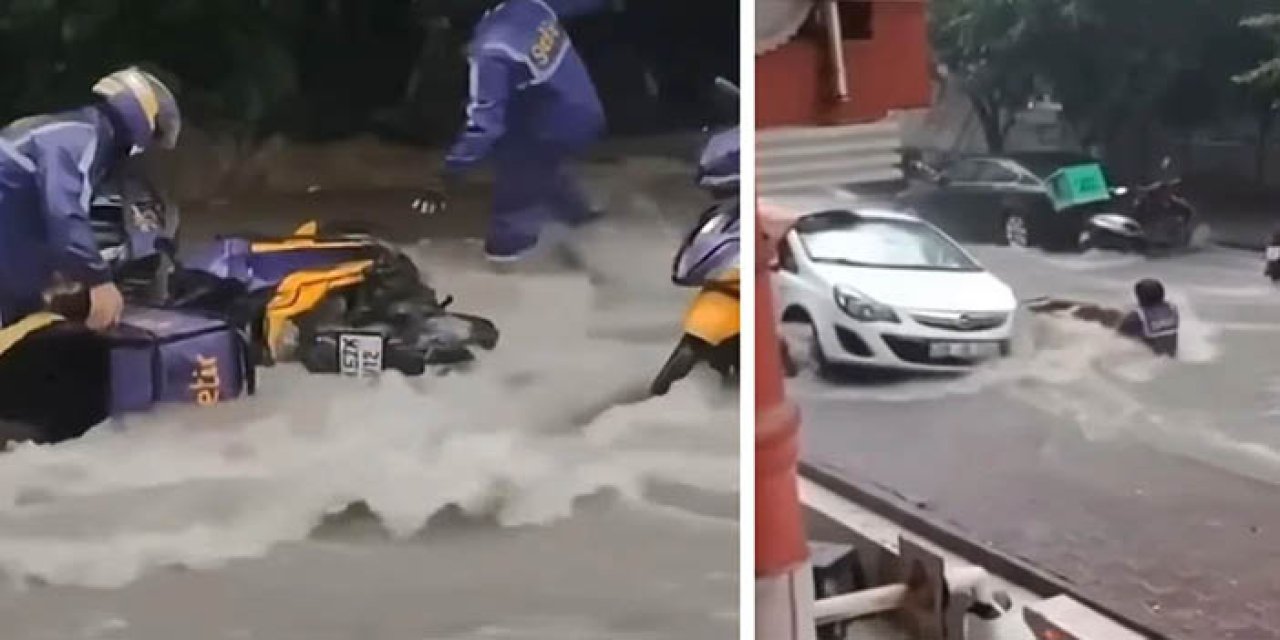 Çekmeköy’de motokuryeler sel sularına kapıldı
