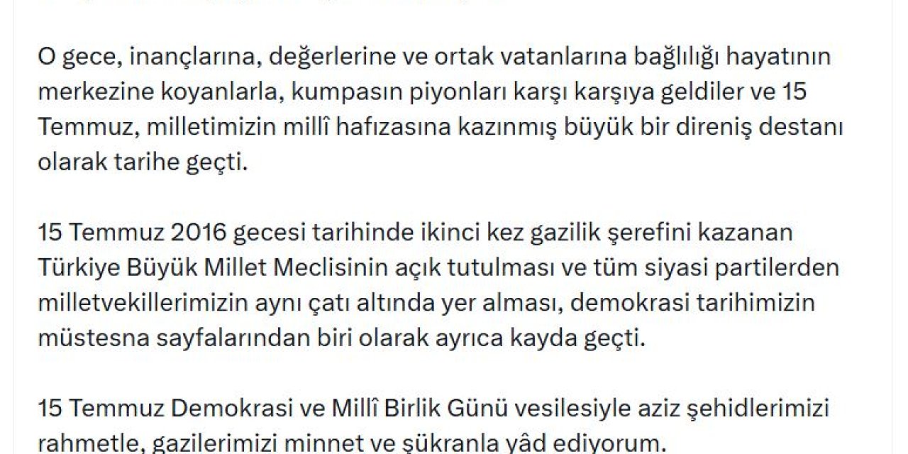 TBMM Başkanı Kurtulmuş’tan 15 Temmuz paylaşımı