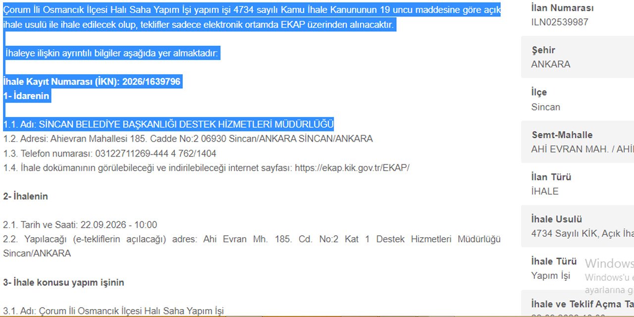 Sincan Belediyesi’nden Çorum Osmancık’a halı saha jesti