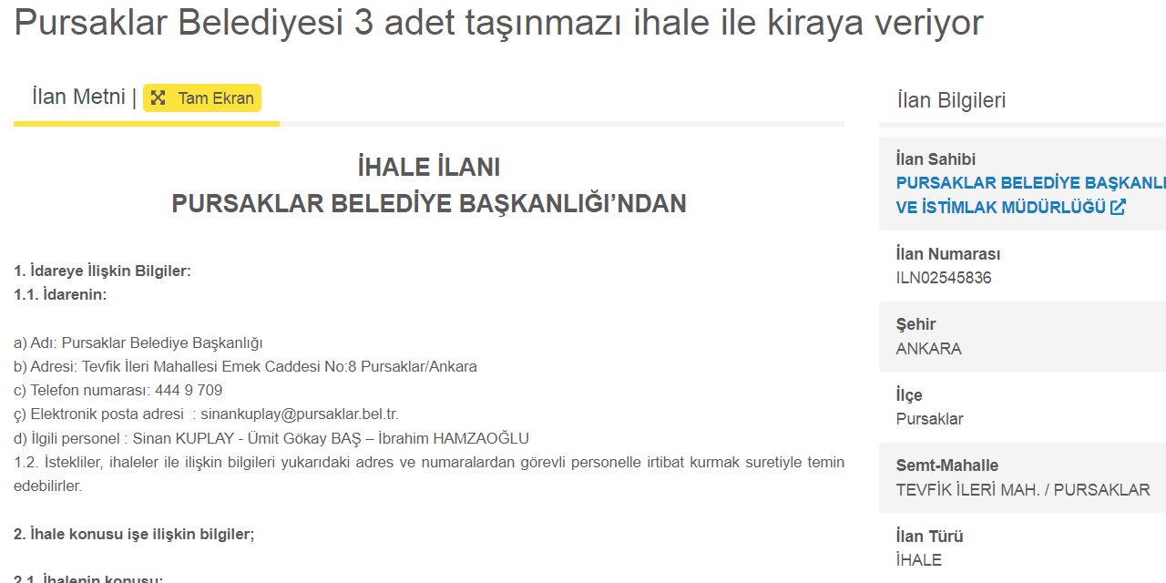 Pursaklar Belediyesi kafeterya ve düğün salonunu kiraya veriyor