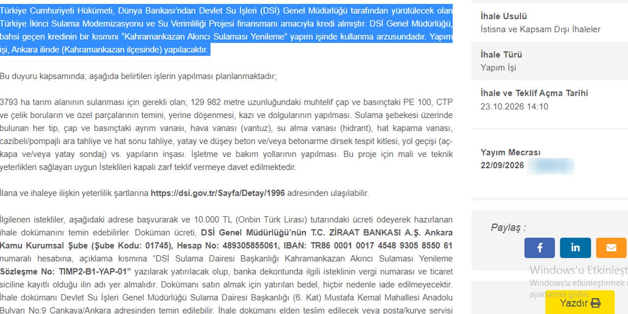 Ankara Kahramankazan’a sulama sistemi kuruluyor