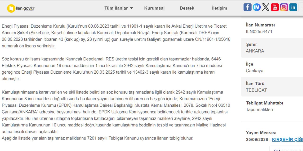 Kırşehir’e Rüzgar Enerji Santrali kuruluyor: Kamulaştırılacak tarlalar belli oldu