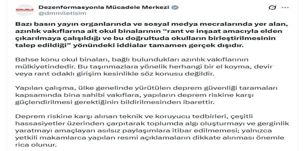 DMM'den azınlık vakıflarına bağlı okul binaları iddialarına yanıt