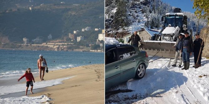 Antalya'da deniz keyfi ve kar yağışı bir arada