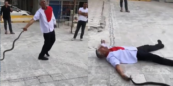 Kendini yılana ısırttı!