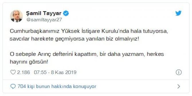 Şamil Tayyar'dan düşündüren Arınç tweeti