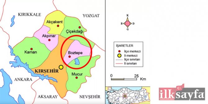 Kırşehir haritasında Boztepe sınırları yeri