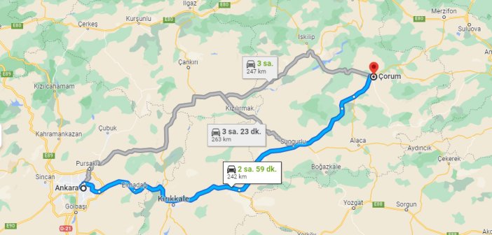 Ankara Çorum arası kaç km olduğunu gösteren harita