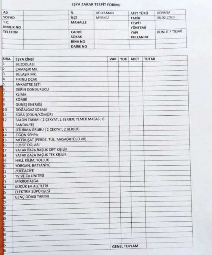 eşya zarar tespit formu