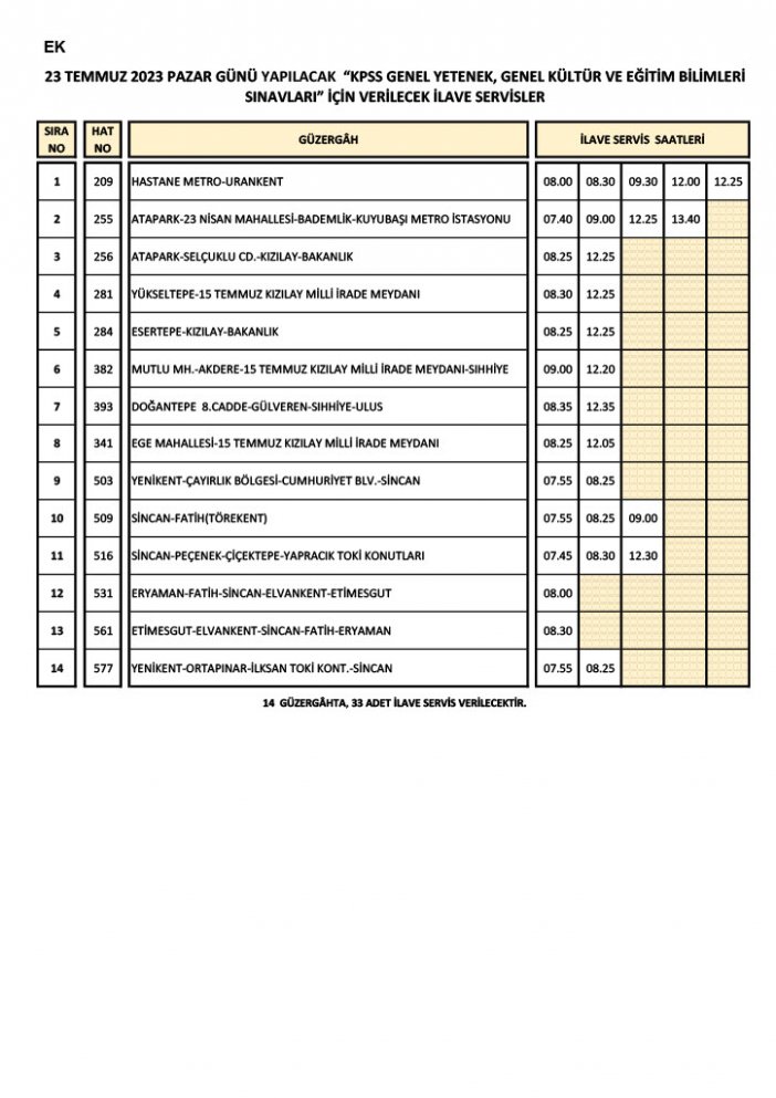 ego 23 temmuz 2023 pazar kpss ek seferleri