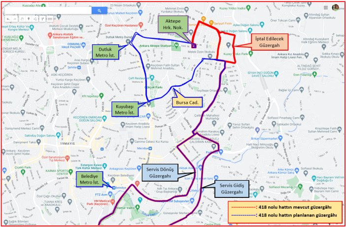 EGO 418 Aktepe-15 Temmuz Kızılay Milli İrade Meydanı otobüs hattının yeni güzergahı