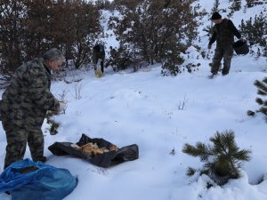 Çubuklu avcılar yabani hayvanlar ve sokak hayvanları için doğaya yem bıraktı